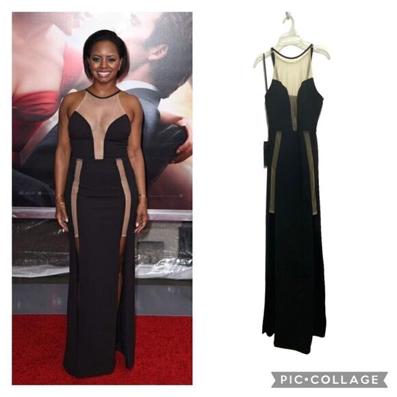 NWT Bebe Womens Lace Inset Maxi Gown Dress Black Small Long Slit Sleeveless - Picture 1 of 12